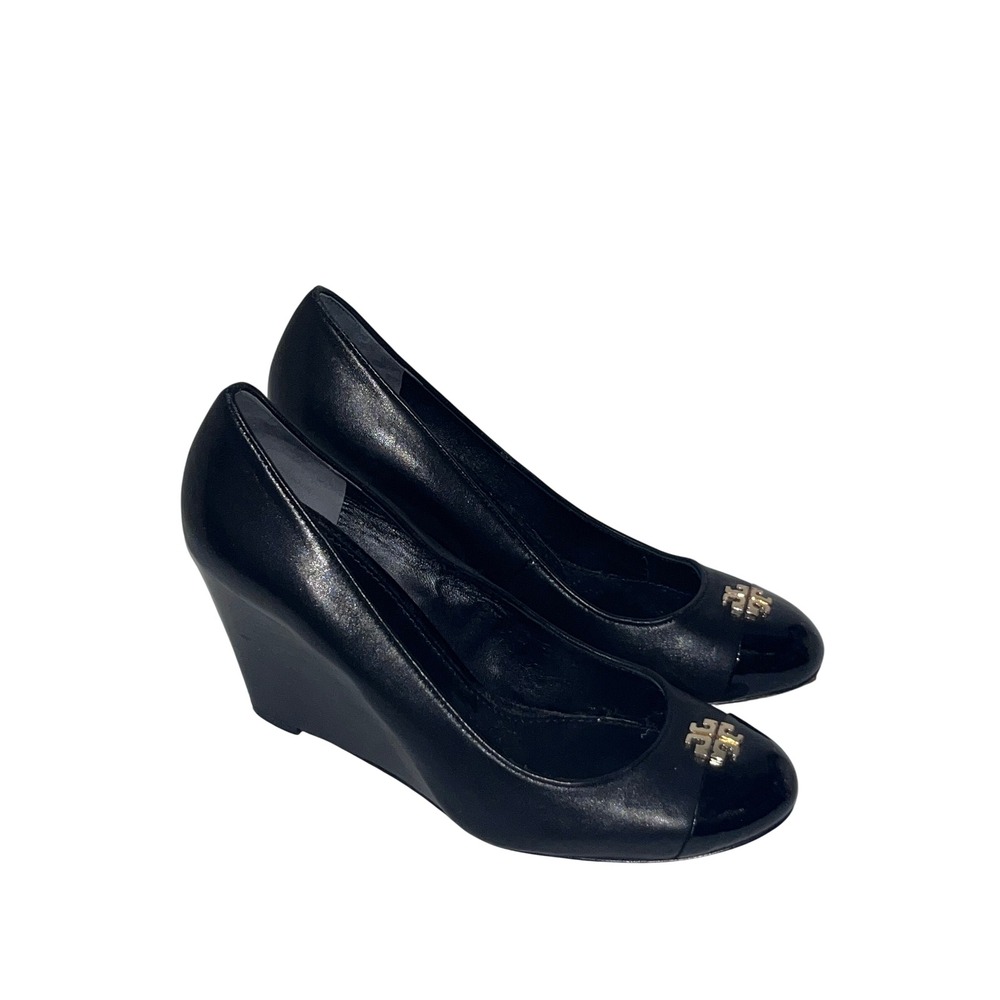 Tory Burch Wedge Pumps Women 8.5M Black Excellent Leather Logo Cap Toe Heels
